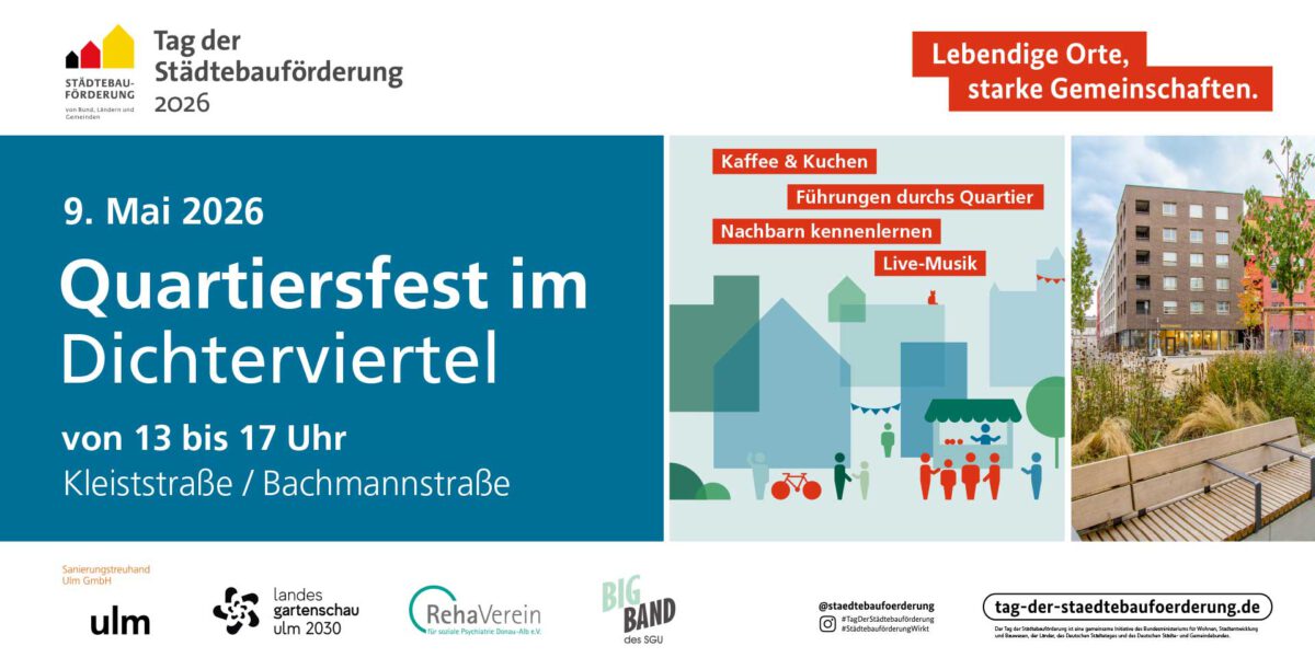 Tag der Städtebauförderung im Dichterviertel in Ulm am 9. Mai 2026, Kleiststraße / Bachmannstraße